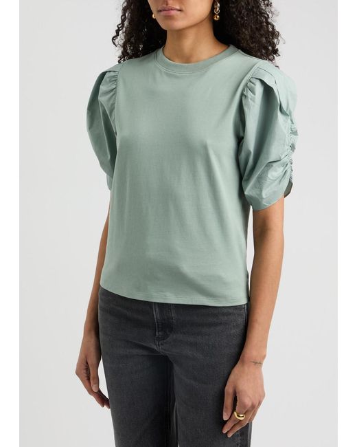 FRAME Green Puff-Sleeve Cotton T-Shirt
