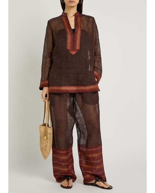 Tory Burch Brown Stripe-Trimmed Semi-Sheer Linen Trousers