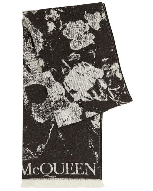 Alexander McQueen Black Flower Bloom Wool Scarf