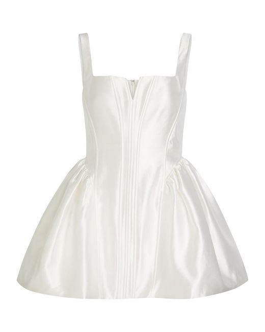 Self-Portrait White Square-Neck Satin-Twill Mini Dress