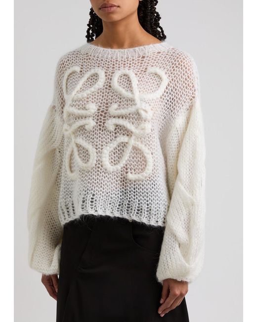 Loewe White Open-knit Mohair-blend Balloon-sleeve Jumper