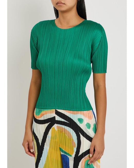 Pleats Please Issey Miyake Green Pleated Woven Top