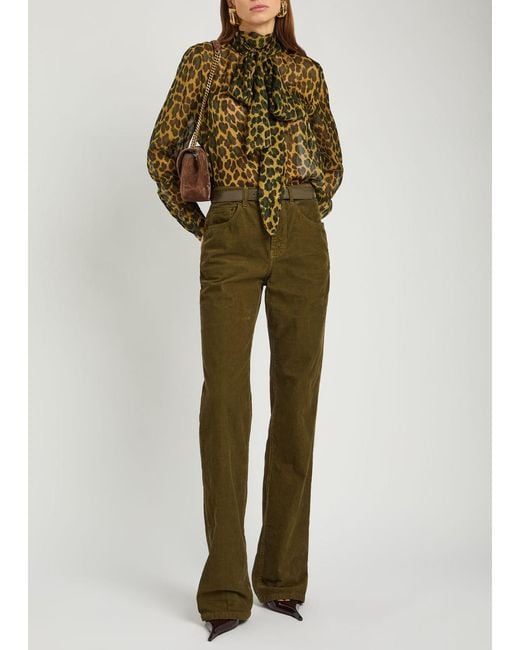 Saint Laurent Green Leopard Semi-Sheer Silk Blouse