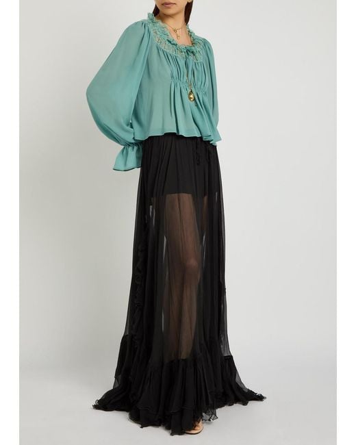 Chloé Black Ruffled Sheer Silk-Chiffon Maxi Skirt