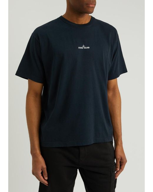 Stone Island Blue Logo-Print Cotton T-Shirt for men