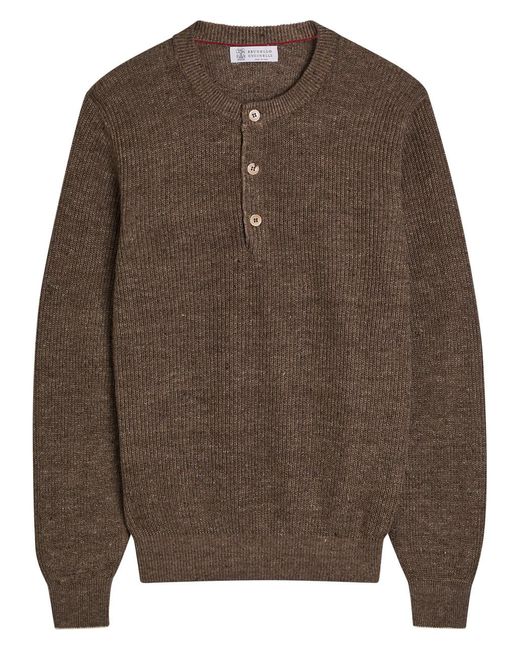 Brunello Cucinelli Brown Ribbed-Knit Linen And Cotton-Blend Jumper for men