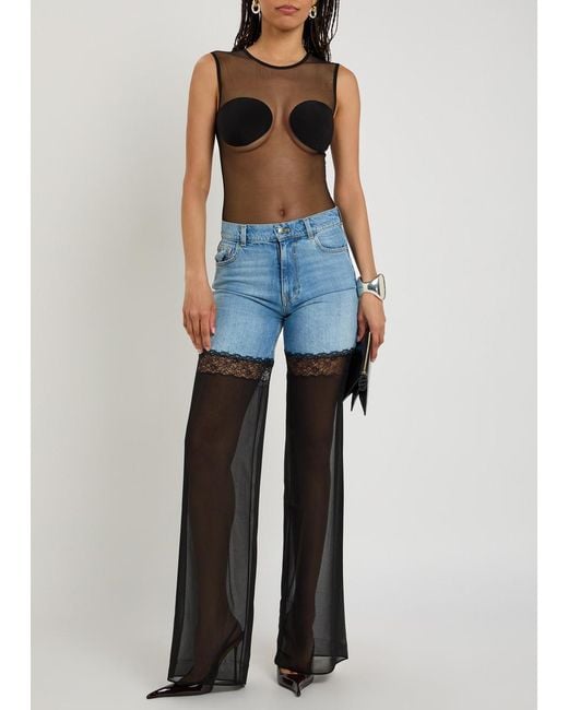 Nensi Dojaka Blue Panelled Lace-Trim Wide-Leg Jeans