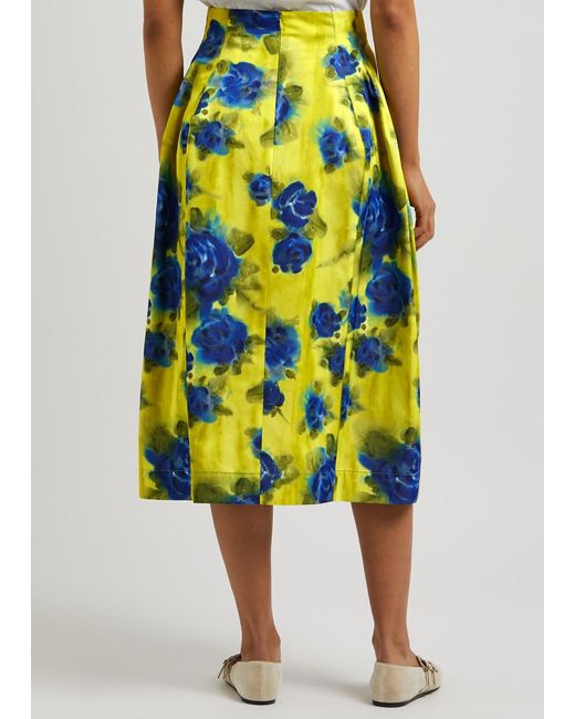 Marni Yellow Floral-print Taffeta Midi Skirt