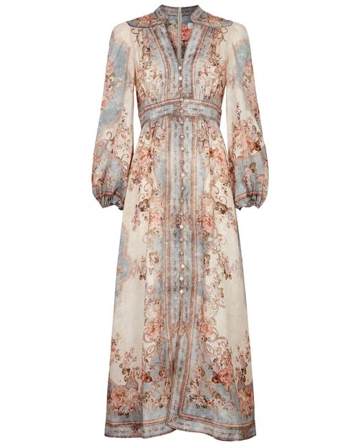 Zimmermann August Printed Linen Midi Dress in Natural | Lyst