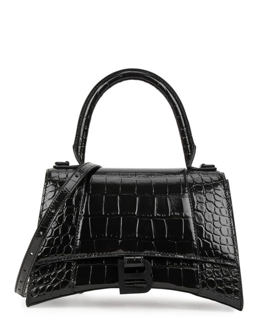 Balenciaga Black Hourglass Small Crocodile-effect Leather Top Handle Bag