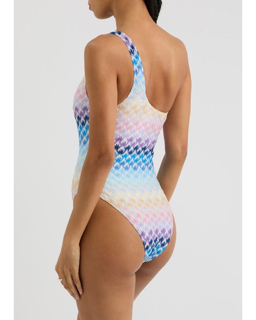 Missoni Blue One-Shoulder Metallic Fine-Knit Swimsuit