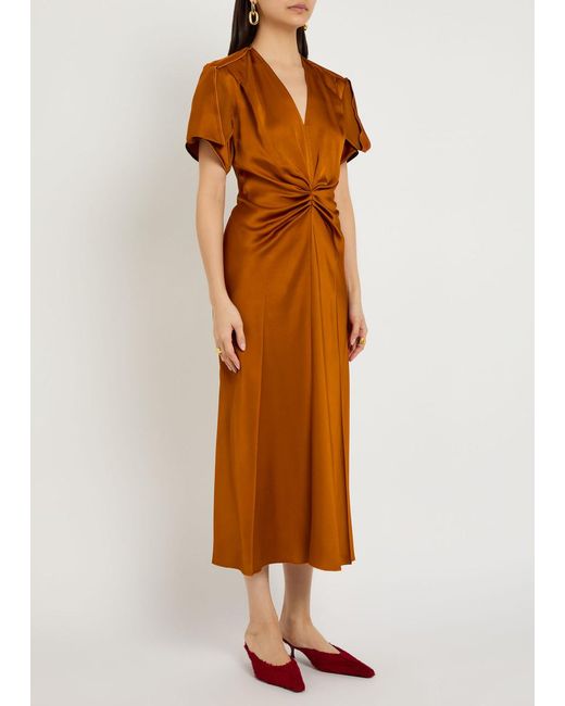 Victoria Beckham Orange Eve Gathered Satin Midi Dress
