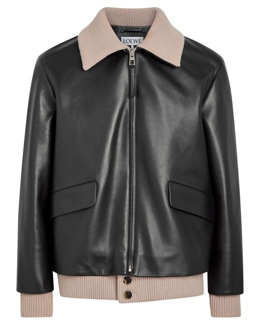 Loewe Black Layered Ribbed-Trim Leather Jacket for men