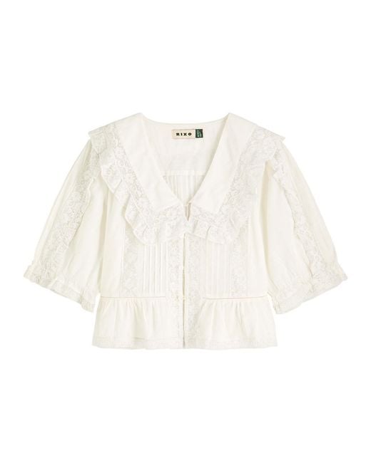 Rixo White Ellery Lace-Panelled Cotton Blouse