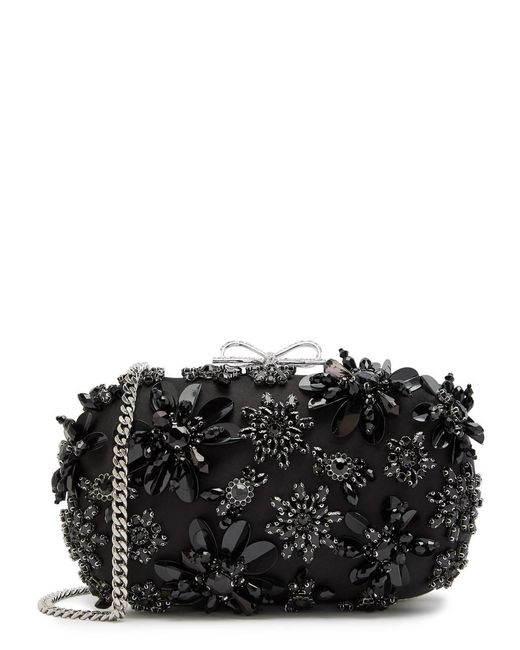 Self-Portrait Black Floral-Embellished Satin Box Clutch