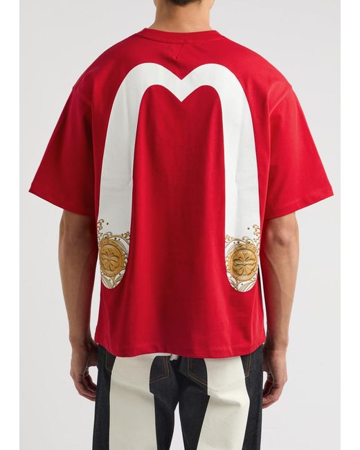 Evisu Red Daicock And Kamon Printed Cotton T-Shirt for men