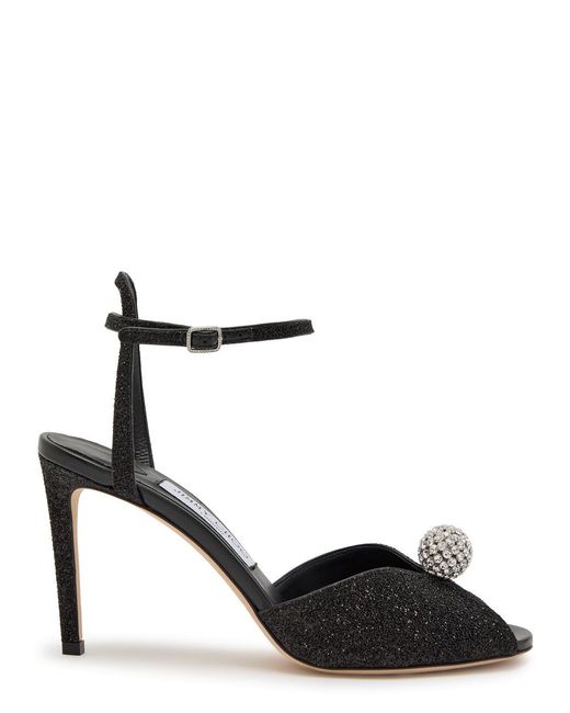 Jimmy Choo Black Sacora 85 Glitter Metallic Leather Sandals