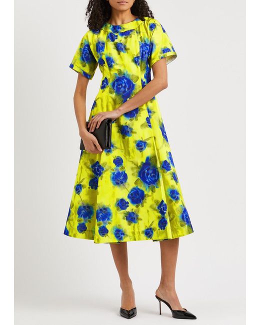 Marni Blue Floral-print Taffeta Midi Dress