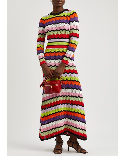 Olivia Rubin Red Vivica Striped Pointelle-Knit Maxi Dress
