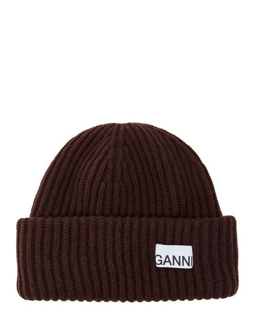 Ganni Brown Logo-Appliquéd Ribbed Wool-Blend Beanie