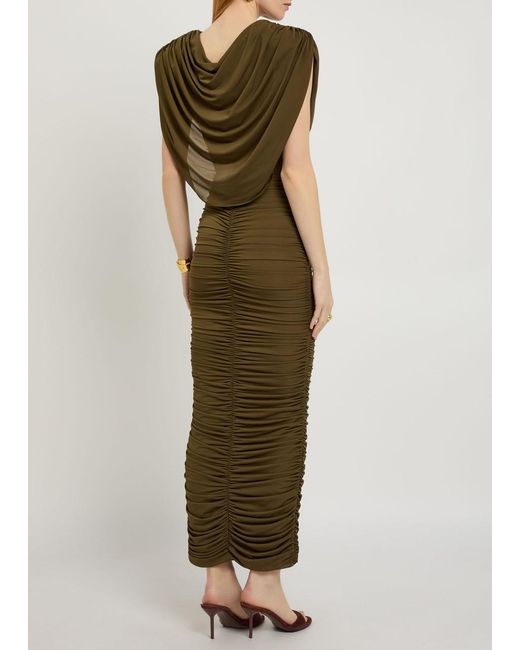Ronny Kobo Women's Green Parish Cowl-Neck Ruched Stretch-Mesh Midi Dress