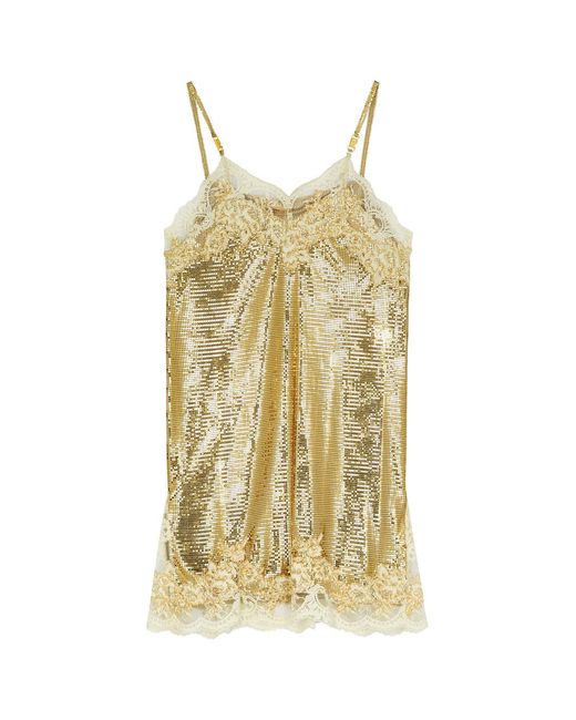 Rabanne Yellow Lace-Trimmed Chainmail Mini Dress