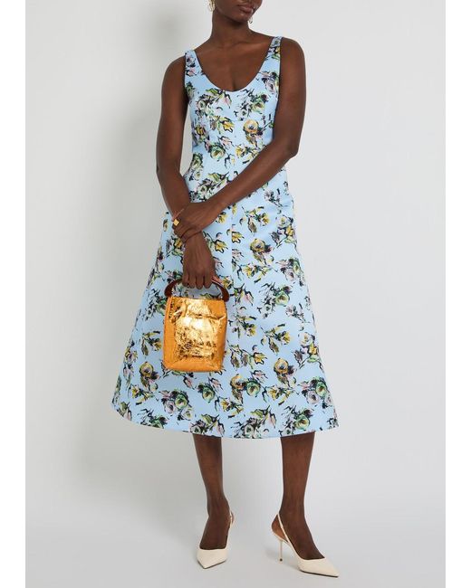 Emilia Wickstead Blue Abella Floral-Print Satin Midi Dress