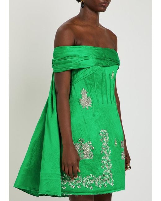 Erdem Green Embellished Off-The-Shoulder Crinkled Satin Mini Dress