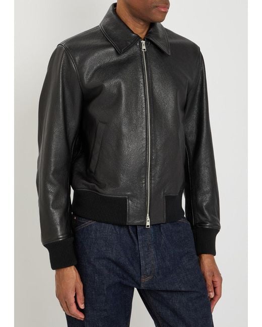 AMI Black Adc Grained Leather Bomber Jacket for men