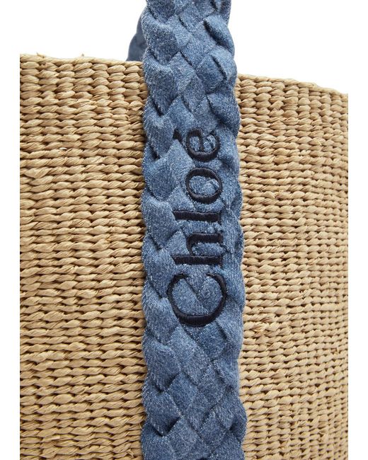 Chloé Blue Woody Large Woven Raffia Tote