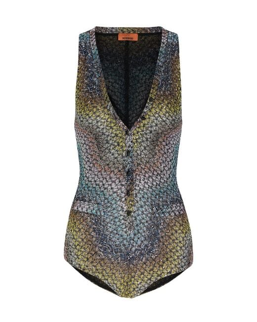 Missoni Blue Zigzag Metallic-Knit Swimsuit