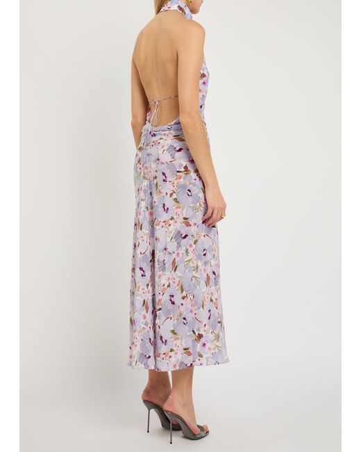 Balmain Purple Poppy Floral-Print Silk Midi Dress