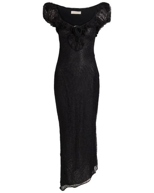 De La Vali Black Eden Ruffle-Trimmed Lace Midi Dress
