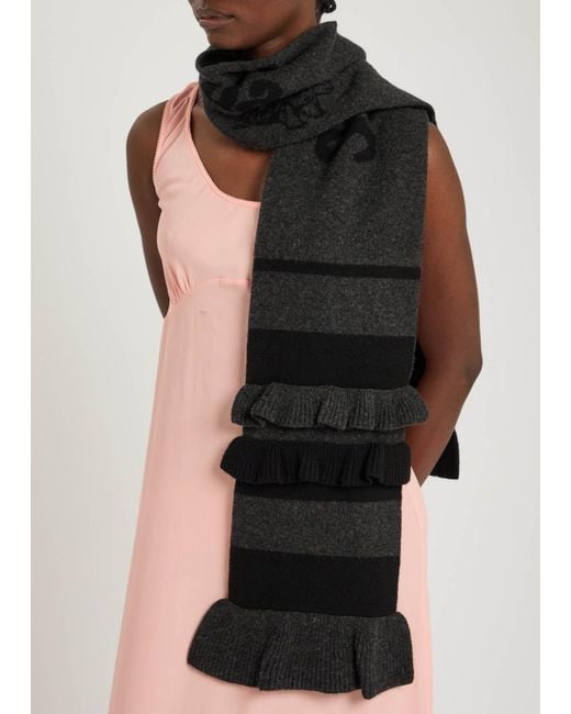 Simone Rocha Black Striped Ruffle-Trimmed Wool-Blend Scarf