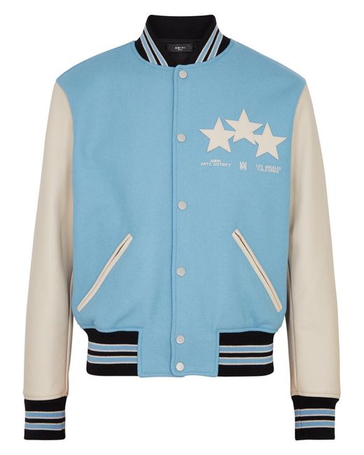 Amiri Blue Stars Panelled Wool-blend Varsity Jacket for men