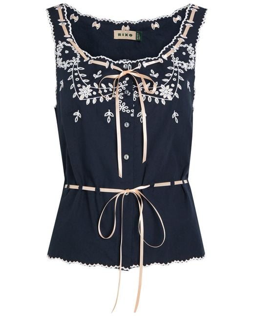 Rixo Blue Cassara Embroidered Cotton Top