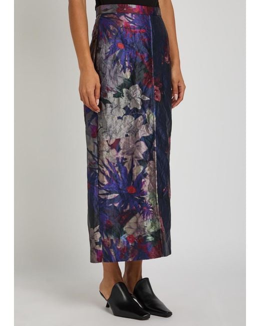 Erdem Blue Floral-Print Textured Satin Midi Skirt