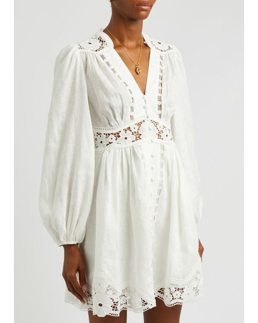 Zimmermann White August Lace-panelled Linen Mini Dress