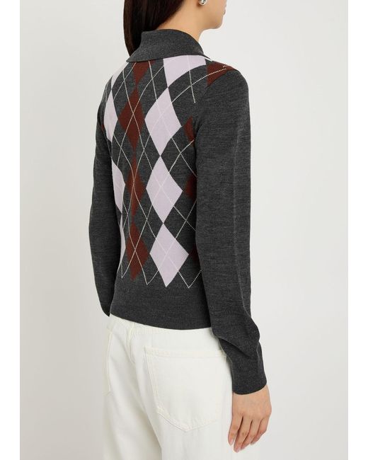 Self-Portrait Black Argyle Wool Polo Top