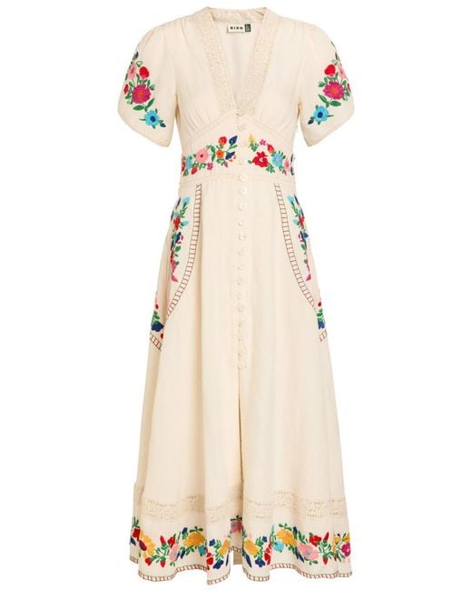 Rixo Natural Novara Floral-Embroidered Linen-Blend Midi Dress
