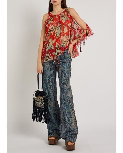Etro Red Printed Ruffled Silk-Chiffon Top