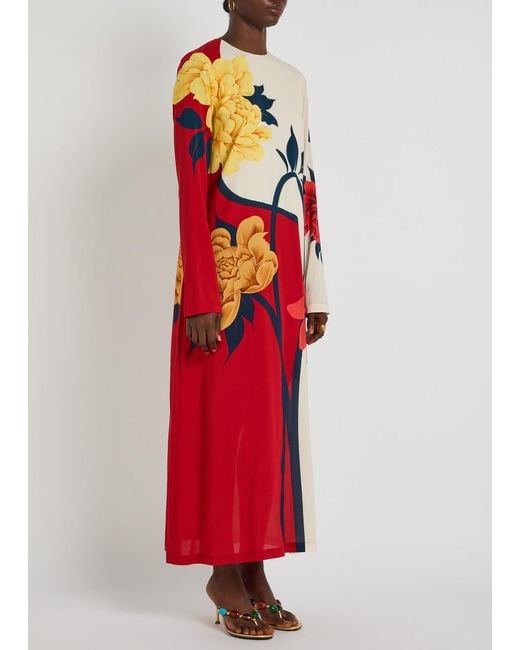 LaDoubleJ Red Floral-Print Stretch-Crepe Midi Dress