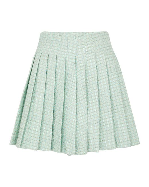 Self-Portrait Green Pleated Bouclé Tweed Mini Skirt