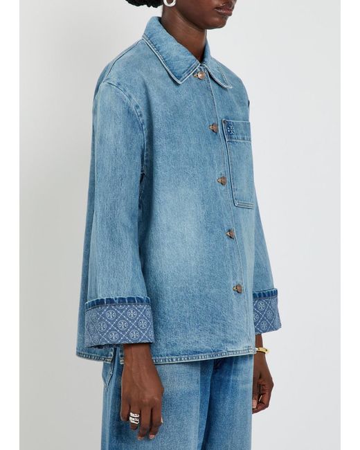 Tory Burch Blue Logo Washed Denim Barn Jacket