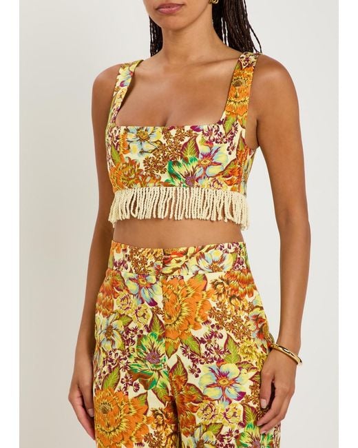 ALÉMAIS Metallic Lana Floral-Print Fringed Linen Crop Top