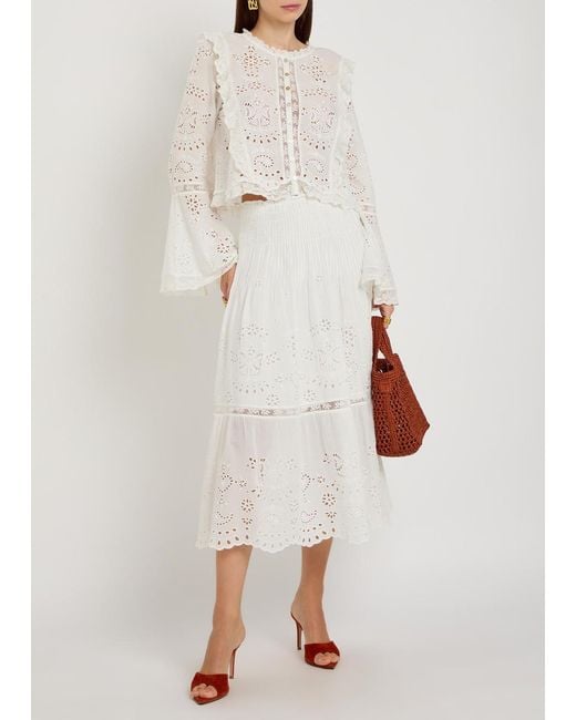 LoveShackFancy White Mallow Embroidered Cotton Midi Skirt