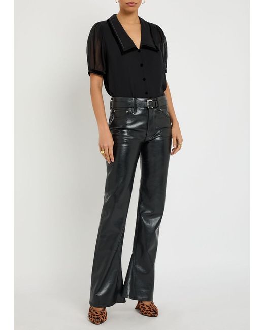 FRAME Black The Velvet Trim Silk-Chiffon Blouse