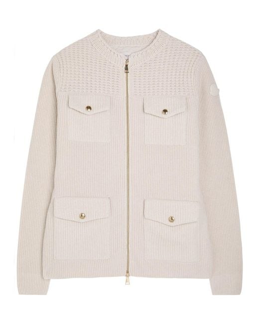 Moncler Natural Logo Ribbed Wool And Shell Cardigan