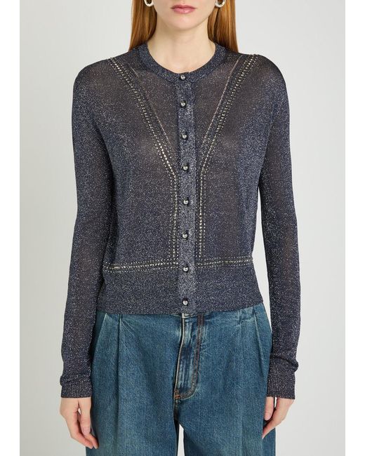 Rabanne Blue Embellished Metallic-Knit Cardigan