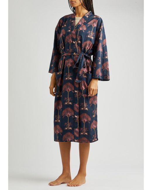 Desmond & Dempsey Blue Ravenala Printed Cotton Robe